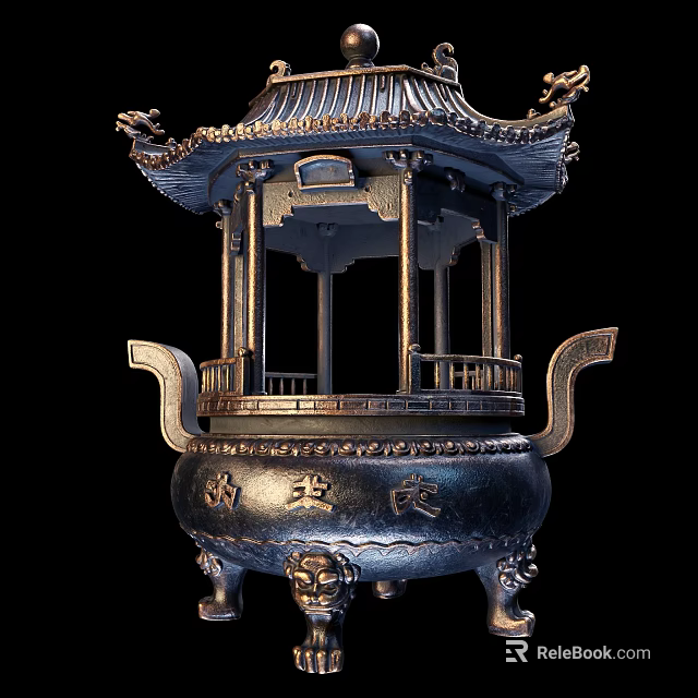 Intricate Traditional Chinese Garden Ornament With Pavilion Style Top And Lion Carved Base 3d model 