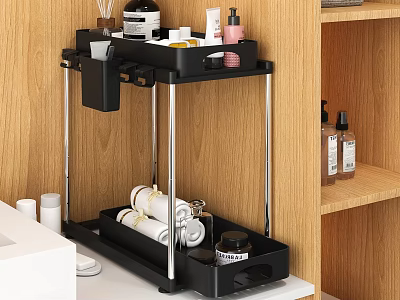 Black Two Tier Bathroom Cabinet Rack With Toiletries Storage And Metal Frame 3d model