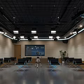 Modern Conference Room With Black Chairs Large Screen Tripod Equipment Grid Ceiling And Lighting