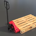 Wooden Pallet Truck With Red Base Black Handle And Wheels For Material Handling