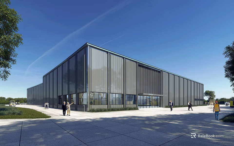Large Modern Industrial Factory Building Featuring Metal Facade Glass Windows And Doors With People Walking 3d model 
