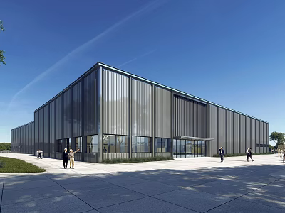 Large Modern Industrial Factory Building Featuring Metal Facade Glass Windows And Doors With People Walking 3d model