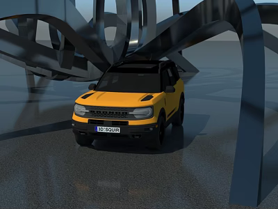 Modern Yellow SUV Car Parked on Gray Surface Among Black Abstract Metal Structures 3d model
