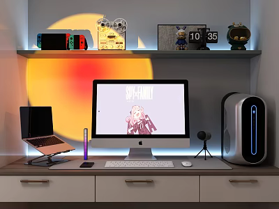 Modern Computer Desk Setup With iMac Monitor Laptop PC Tower Keyboard And Mouse 3d model