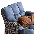 Modern Comfortable Blue Accent Chair With Wooden Frame Brown Cushion Striped Blanket And Metal Legs