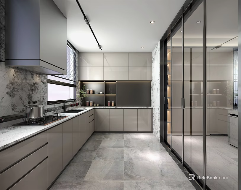 Modern Kitchen Interior Design With Gray Cabinets Marble Countertop And Glass Sliding Doors 3d model 