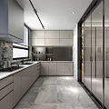 Modern Kitchen Interior Design With Gray Cabinets Marble Countertop And Glass Sliding Doors