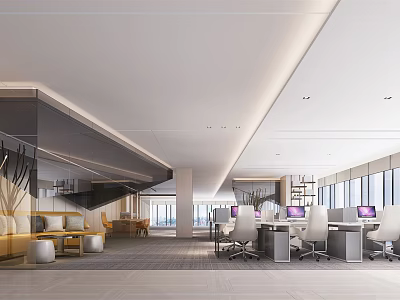 Modern Public Office Space Design With Open Workstations Ergonomic Chairs And Natural Lighting 3d model