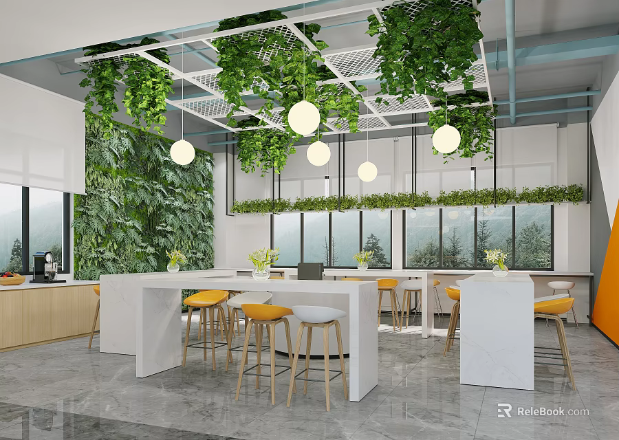 Modern Casual Lounge With Green Walls Hanging Greenery Pendant Lights White Bar And Yellow Stools 3d model 