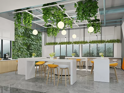 Modern Casual Lounge With Green Walls Hanging Greenery Pendant Lights White Bar And Yellow Stools 3d model