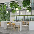 Modern Casual Lounge With Green Walls Hanging Greenery Pendant Lights White Bar And Yellow Stools