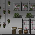 Garden Decor With Hanging Plant Stands Multi Tiered Shelves Pink Flowering Plants And Woven Baskets