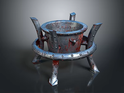 Worn Rusted Metal Crucible With Circular Basin Riveted Ring And Spiked Legs 3d model