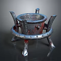 Worn Rusted Metal Crucible With Circular Basin Riveted Ring And Spiked Legs