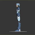 Detailed Blue And White Armored Game Movie Character With Red Head Standing On White Base