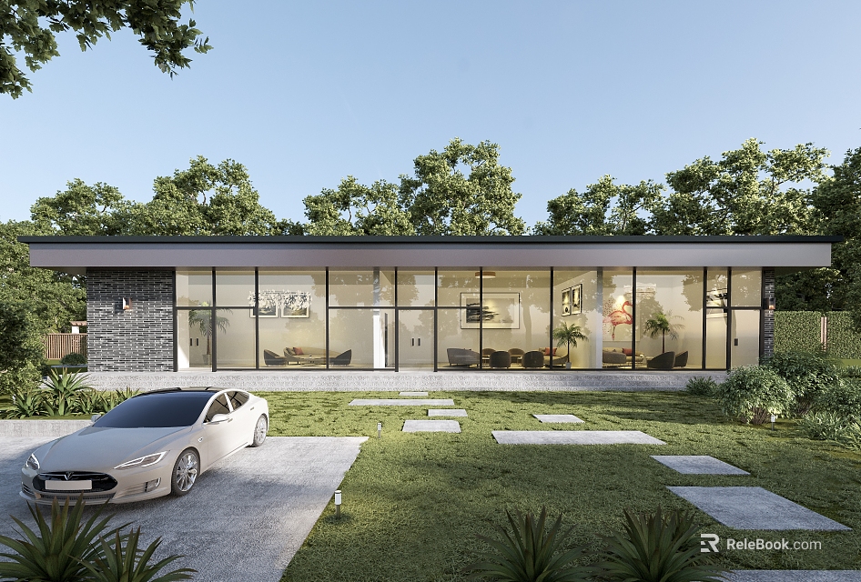 Modern Detached Villa Exterior With Large Glass Windows Green Trees Lawn And Stone Pathway 3d model 