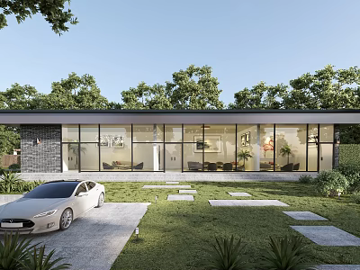 Modern Detached Villa Exterior With Large Glass Windows Green Trees Lawn And Stone Pathway 3d model