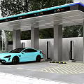Modern Electric Vehicle Charging Station With Blue Car Charging Piles And Trees