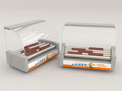 Two Heated Kitchen Hot Dog Roller Grills With Transparent Lids Displaying Red Sausages 3d model