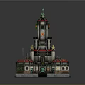 Cartoon Style Multi Level Tower Structure With Red Roofs Green Decorations And Fence