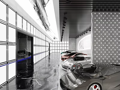 Luxury Car Showroom Interior With Sleek Sports Cars And Modern Lighting 3d model