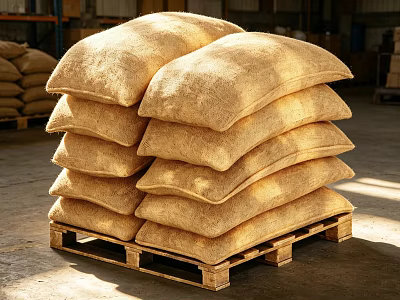 Large Stacked Burlap Sacks On Wooden Pallets In Warehouse Storage 3d model