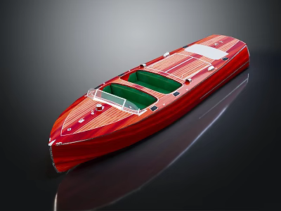 Red Wooden Speedboat With Green Cockpit Windows And Glossy Finish 3d model