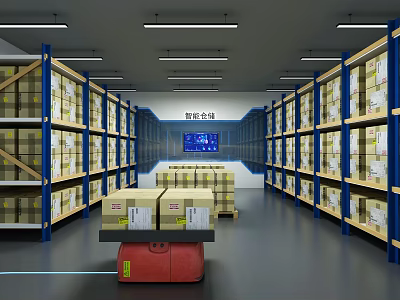 High Tech Smart Warehouse Featuring Rows Of Shelves Boxes And Robotic Cart 3d model