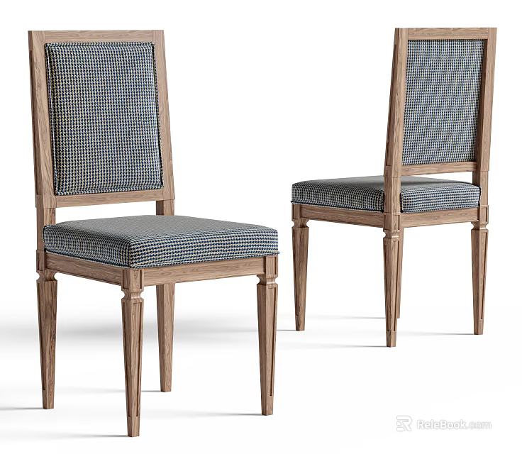 Classic Dining Chair With Wooden Frame And Blue Checkered Fabric Seat Backrest 3d model 