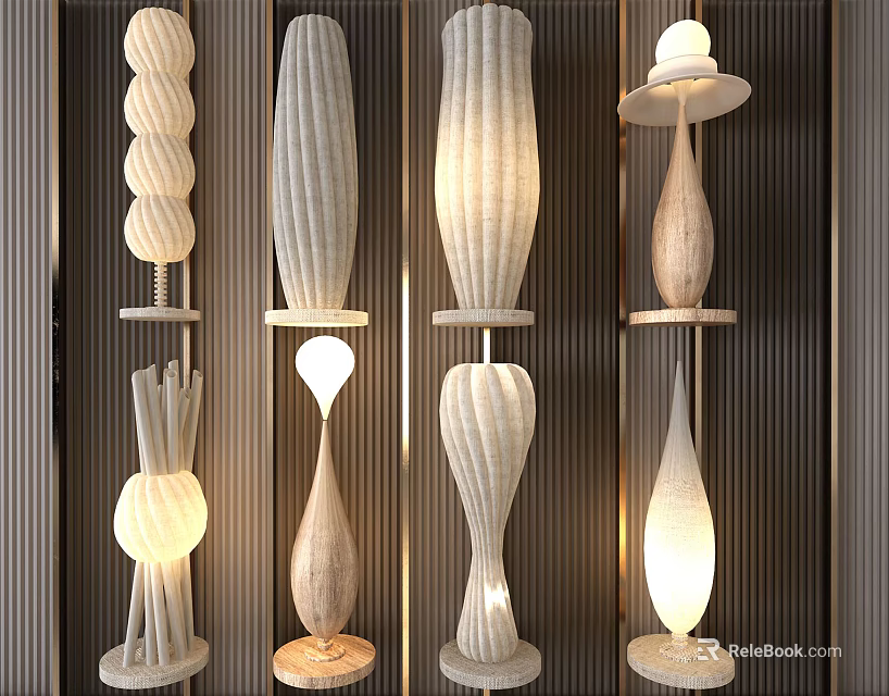 Various Textured Design Floor Lamps With Warm Illumination On Vertical Striped Background 3d model 