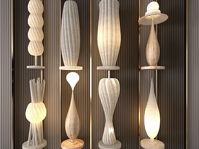 Various Textured Design Floor Lamps With Warm Illumination On Vertical Striped Background 3d model