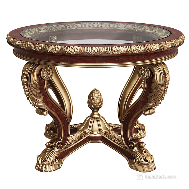 Round Coffee Table With Glass Top And Gold Ornate Carvings On Dark Wood Base 3d model 
