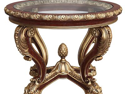 Round Coffee Table With Glass Top And Gold Ornate Carvings On Dark Wood Base 3d model