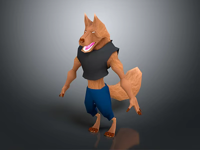 Muscular Anthropomorphic Wolf Character Wearing Black Vest And Blue Pants Standing With Tongue Out 3d model