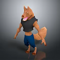 Muscular Anthropomorphic Wolf Character Wearing Black Vest And Blue Pants Standing With Tongue Out