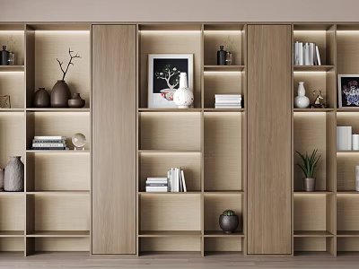 Elegant Modern Wooden Bookcase With Multiple Shelves Books Decorations And Plants 3d model