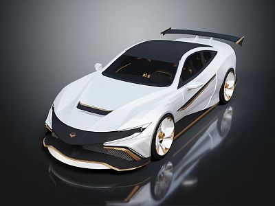 Stylish White Sports Car With Black Roof Gold Wheels And Rear Spoiler 3d model