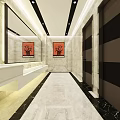 Modern Public Restroom Interior With Wooden Stalls Marble Flooring Plants Decorative Painting And Bright Lighting