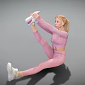 Woman in pink sportswear stretching leg while sitting on floor wearing earphones and white sneakers 3d model