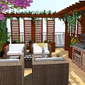 Rooftop Garden Design With Wooden Pergola Climbing Plants Outdoor Seating And Patterned Floor Tiles