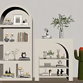 Stylish White Arched Decorative Cabinets With Books Decorations Green Plants And Cactus