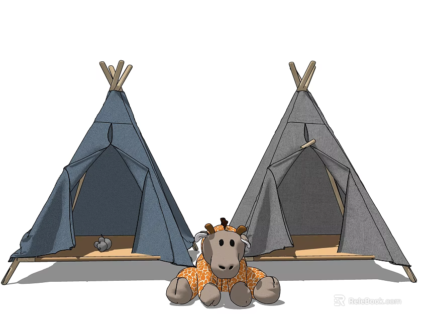 Cute Giraffe Stuffed Toy With Orange Pattern Sitting Between Blue And Gray Tepees 3d model 