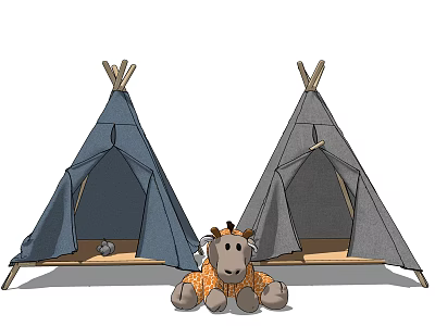 Cute Giraffe Stuffed Toy With Orange Pattern Sitting Between Blue And Gray Tepees 3d model