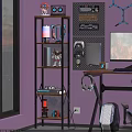 Modern Multi Tiered Metal Gaming Shelf With Headphones Controller And Neon Lighting