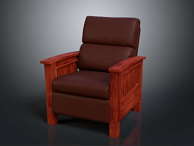 Traditional Wooden Armchair with Brown Leather Upholstered Seat and Backrest Comfortable Living Room Furniture Piece 3d model