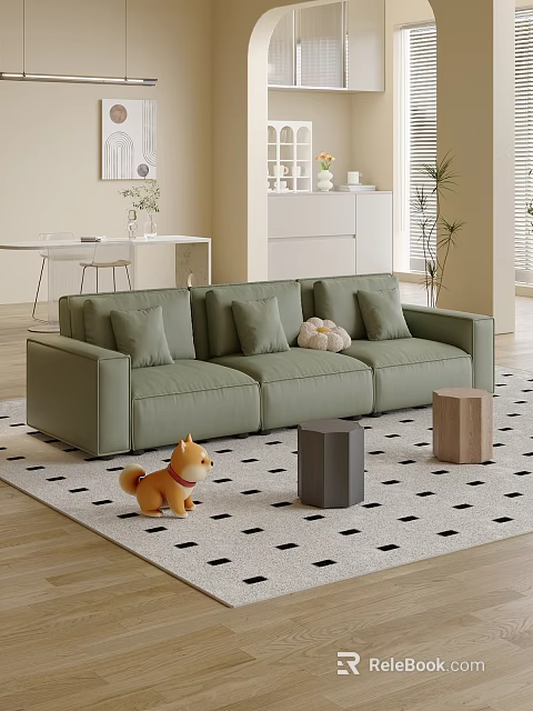 Modern Light Green Three-Seater Sofa With Decorative Pillows Patterned Rug And Stools In Living Room 3d model 