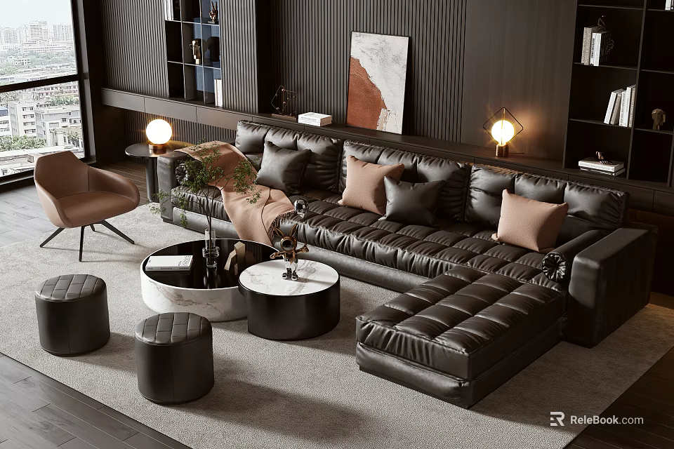 Modern Black Leather Sofa and Coffee Table Set with Throw Pillows Ottoman and Warm Lighting 3d model 