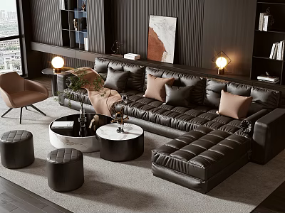 Modern Black Leather Sofa and Coffee Table Set with Throw Pillows Ottoman and Warm Lighting 3d model