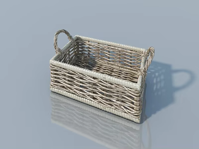 Woven Wicker Storage Basket With Handles On Light Gray Background Reflection 3d model