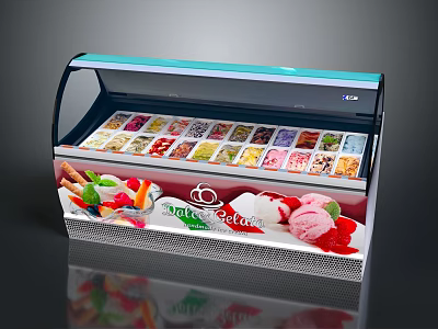 Commercial Transparent Ice Cream Display Case With Various Flavors And Toppings 3d model